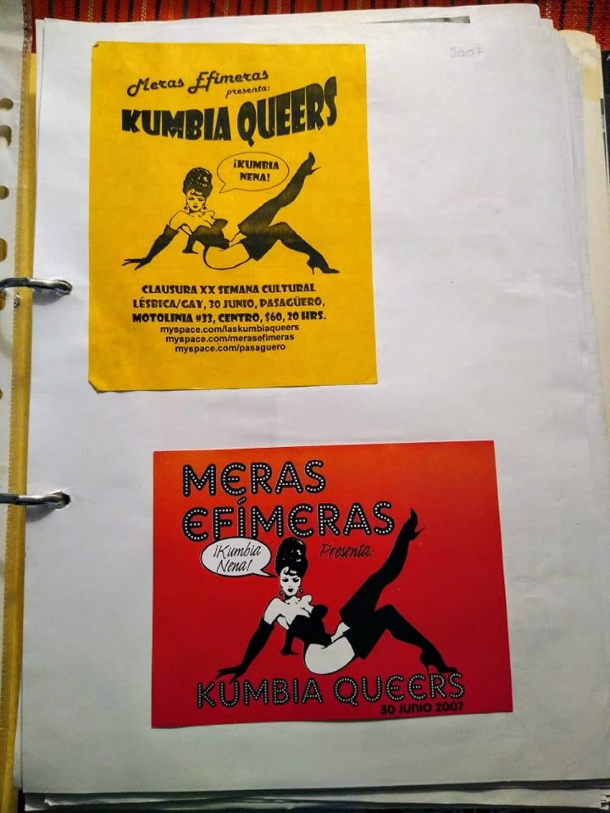 The photo shows a page from a scrapbook. The paper has two flyers glued to it. They are for the same party: Burlesquimeras presents Kumbia Queers for the first time in Mexico.