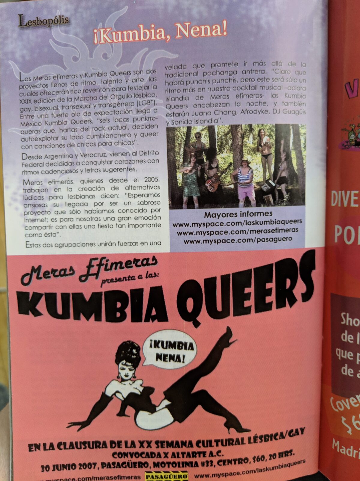 The photo shows a page from an old issue of "Homópolis". In it, the top half of page features content about a Kumbia Queers show written by Meras efímeras. Bottom half is an ad for a Meras efímeras party in which the band will play.