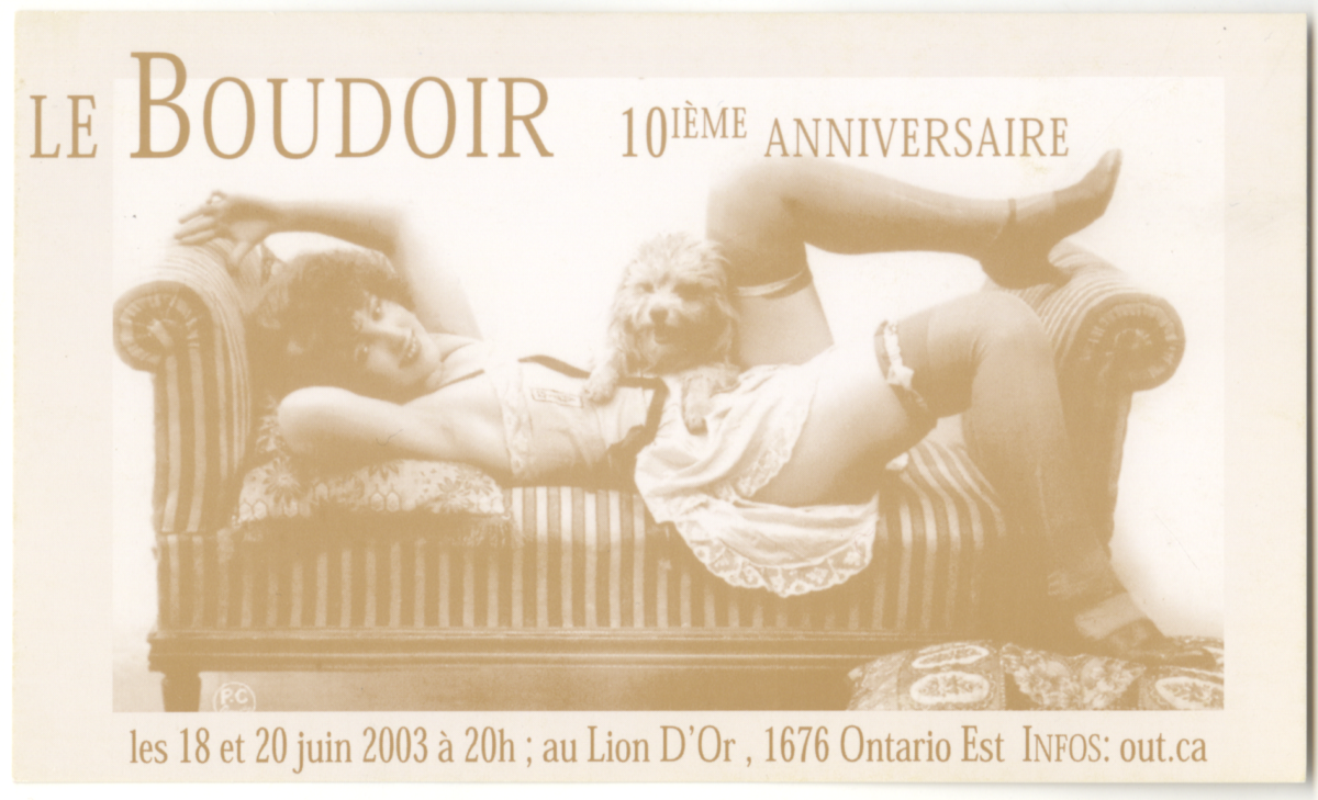 Le Boudoir 10ième Anniversaire Cardboard Postcard Risograph. The sepia-toned photo featured in the flyer shows a woman reclining on a lounge chair. She is smiling at the camera and there is dog on her belly. It appears to be a historic photo from the early 1900's.