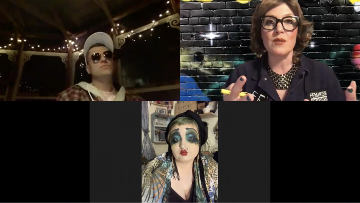 Still image from three-window Zoom conversation. Top left is Jordan Arseneault in sunglasses and baseball cap; top right is T.L. Cowan as Tammy Pamalovovic - Aging Supermodel; bottom centre is Laura Boo with excellent face, feathered green glitter and black eye makeup, arched black eyebrows and red, pantomime lips.